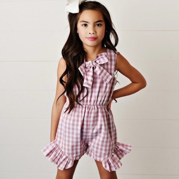 Other - Pink Gingham Print Bow Tie Ruffle Hem Cotton Romper